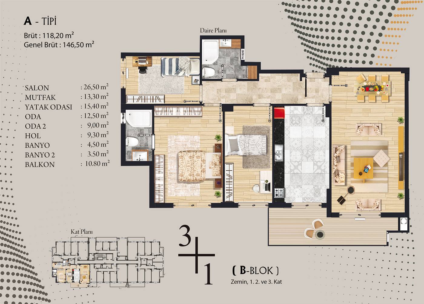 B blok, A tipi 3+1 daire planı